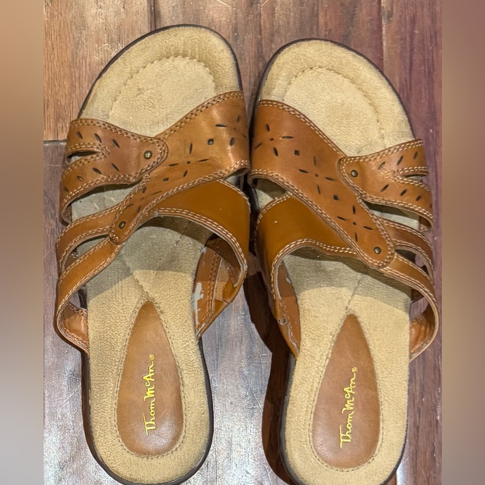 Thom McAn Brown Leather Comfort Slide Sandals Cushioned Wedge Wide 7W - Picture 3 of 6